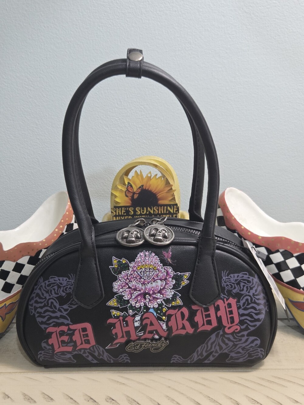 Ed Hardy Liana Dome Satchel Bag Black Pink Rhinestone Tattoo Y2K, NWT